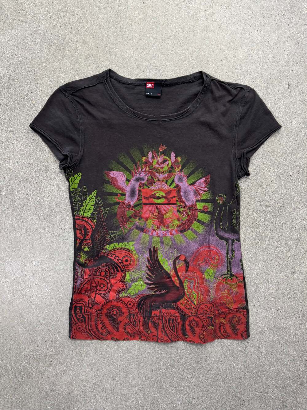 Vintage Y2k Diesel Floral Bird Crest T-Shirt - S